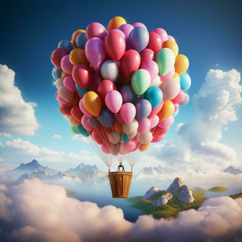 fantasy plane fly and floating in sky with bunch of colorful balloons For Social Media Post Size AI Generated photo