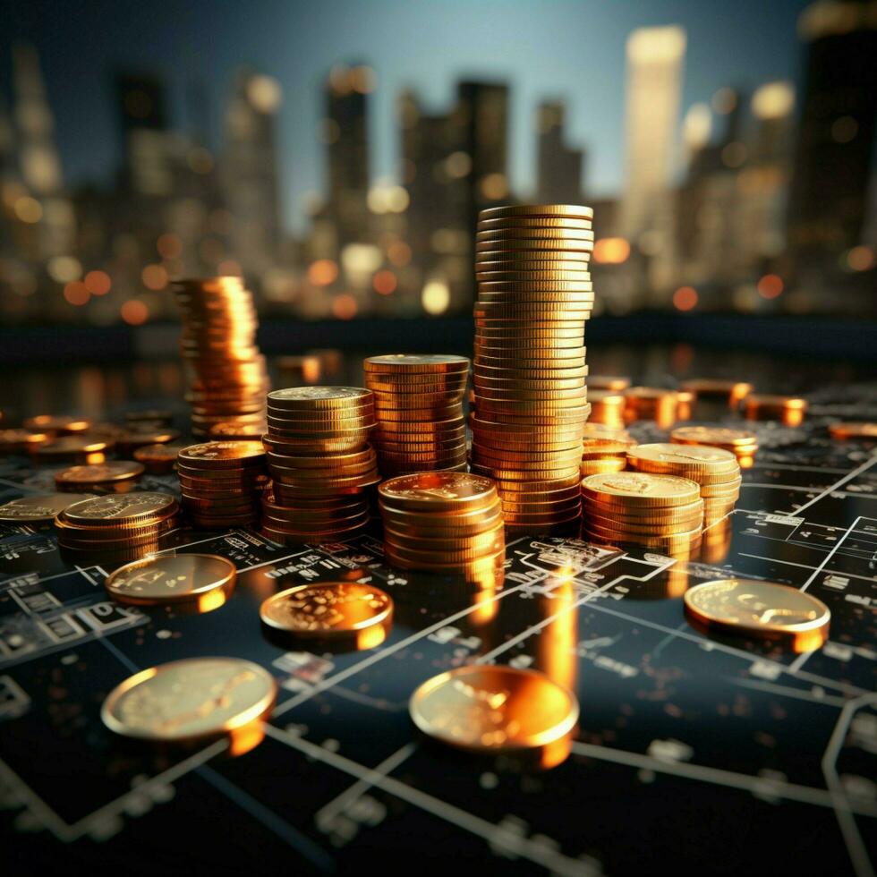 Financial cityscape Coins and graph chart blend, symbolizing economic, business accomplishment For Social Media Post Size AI Generated photo