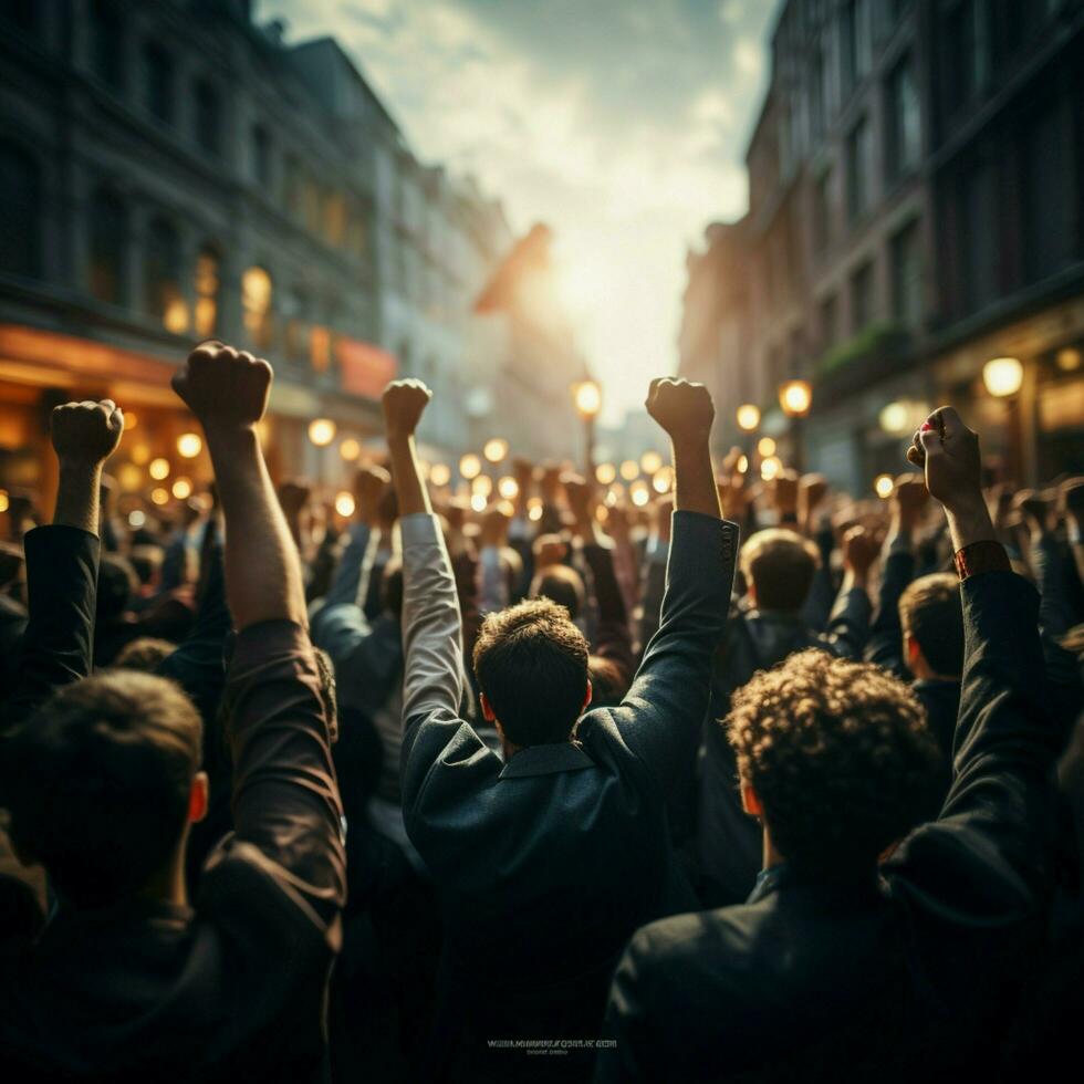 Fists of accomplishment Corporate team raises hands in victory, celebrating success For Social Media Post Size AI Generated photo