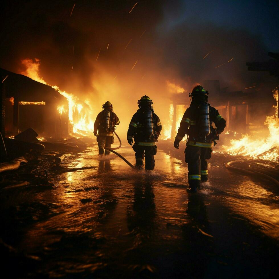 Firefighters combat oil blaze using twirl water fog extinguisher safety concept For Social Media Post Size AI Generated photo