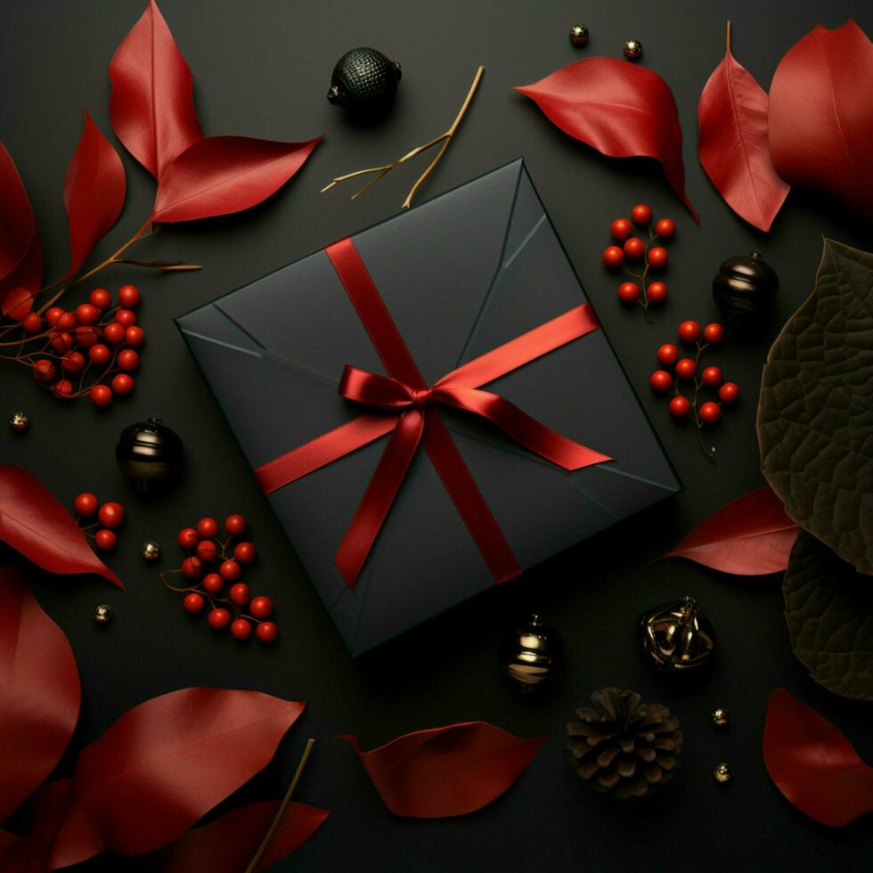 From top view dynamic Black Friday composition with black paper and red background For Social Media Post Size AI Generated photo