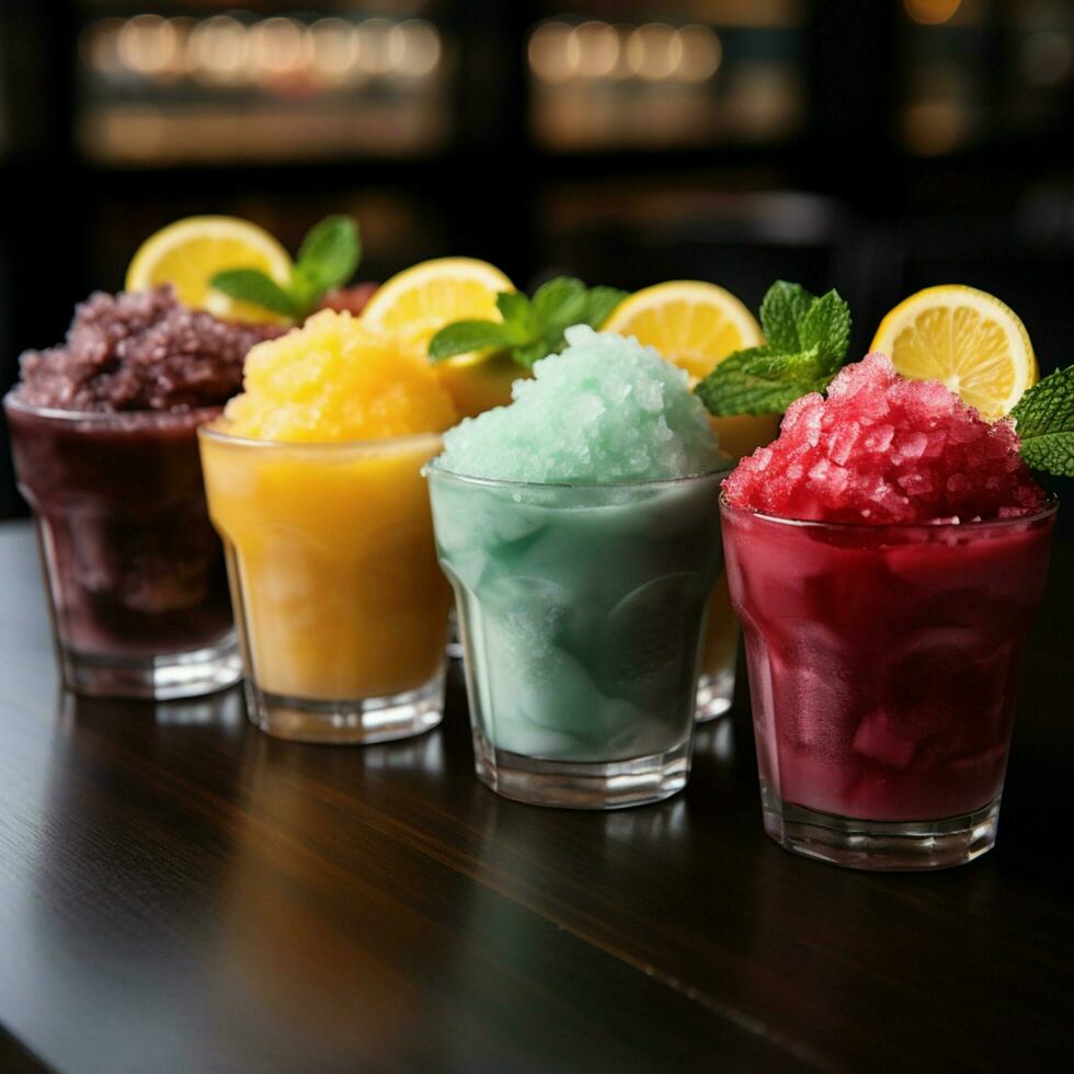 Frozen fruit slushies in cups, lined up for a frosty refreshment parade For Social Media Post Size AI Generated photo