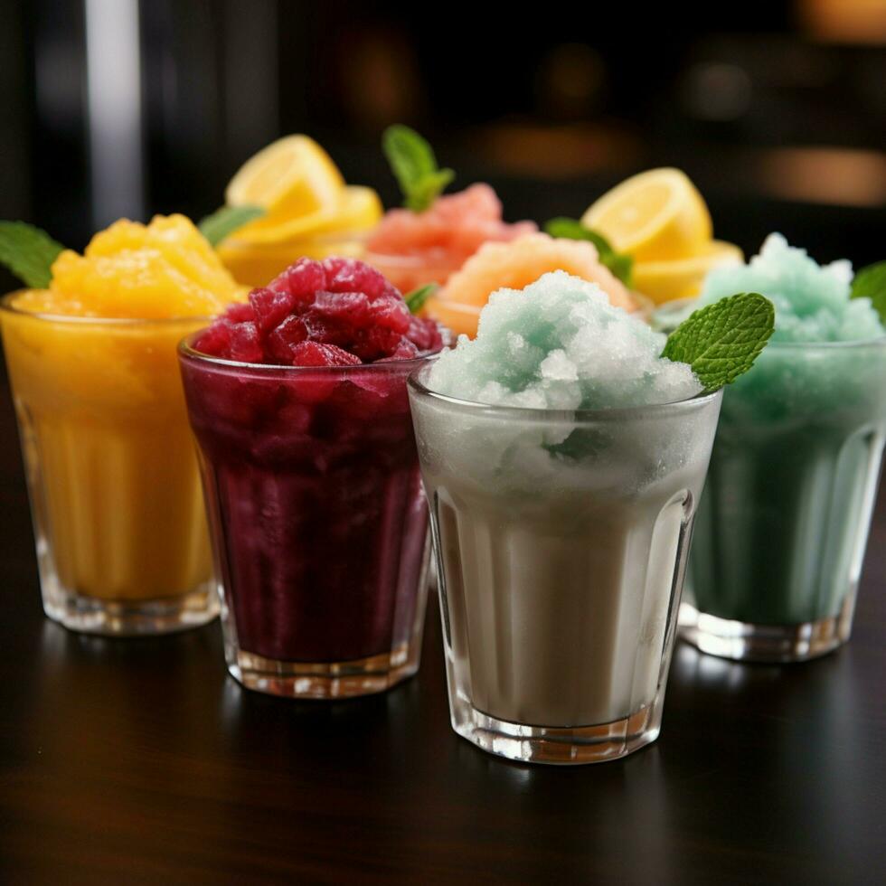 Frozen fruit slushies in cups, lined up for a frosty refreshment parade For Social Media Post Size AI Generated photo