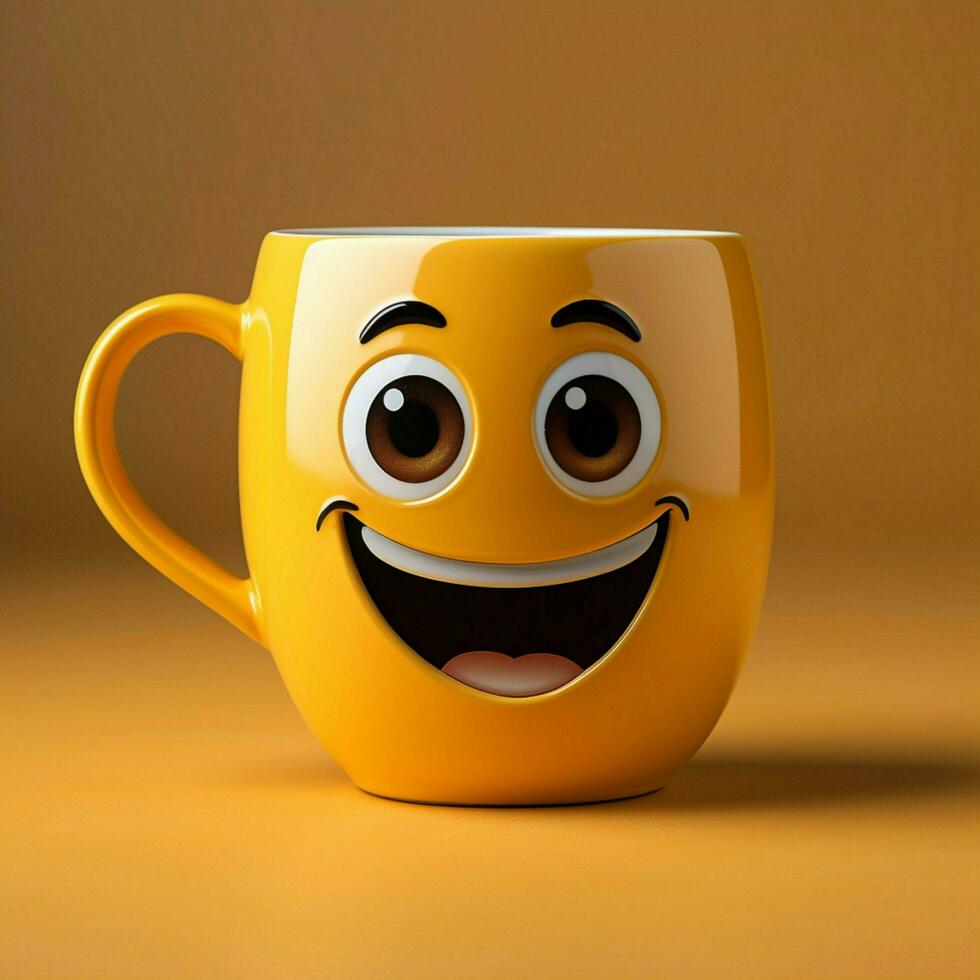 Adorable coffee cup persona on yellow backdrop, sporting a grin Copy friendly atmosphere For Social Media Post Size AI Generated photo