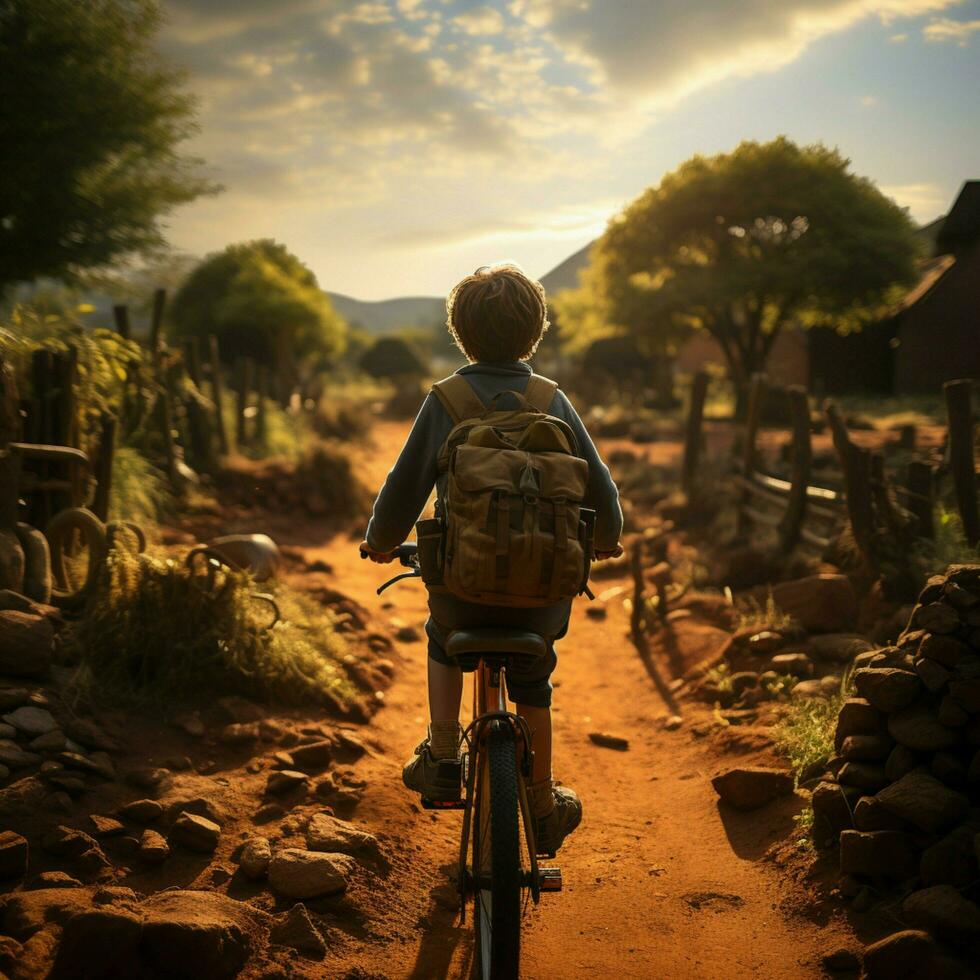 creciente habilidades, hombre SIDA niños bicicleta viaje, capturado desde el posterior para social medios de comunicación enviar Talla ai generado foto