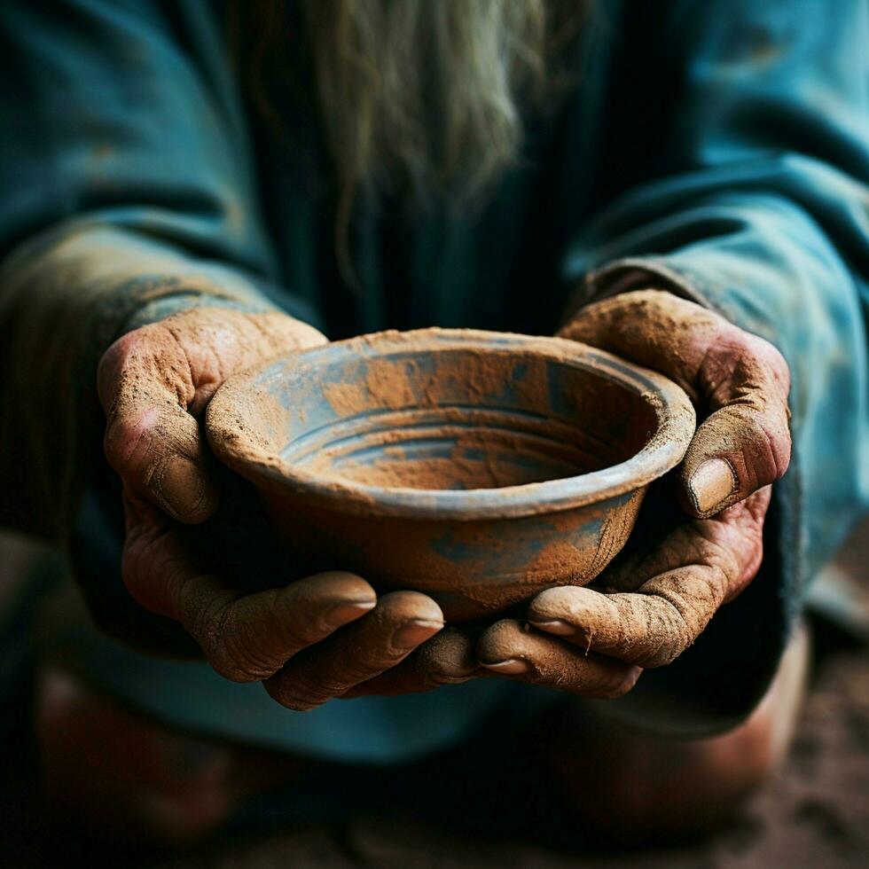 Hands hold empty bowl, portraying the harshness of hunger and economic hardship For Social Media Post Size AI Generated photo