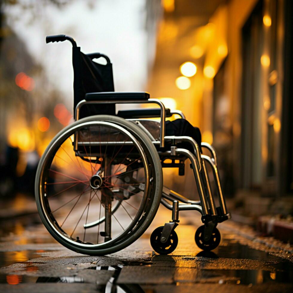 Handicap empowerment hands on wheelchairs wheels, illustrating determination and ability For Social Media Post Size AI Generated photo