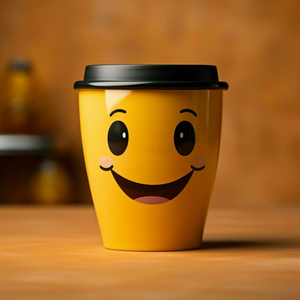 Adorable coffee cup persona on yellow backdrop, sporting a grin Copy friendly atmosphere For Social Media Post Size AI Generated photo