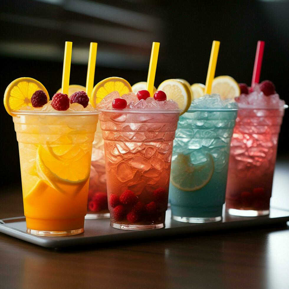 Icy fruit slushies stand united in plastic cups, forming a chilly lineup For Social Media Post Size AI Generated photo