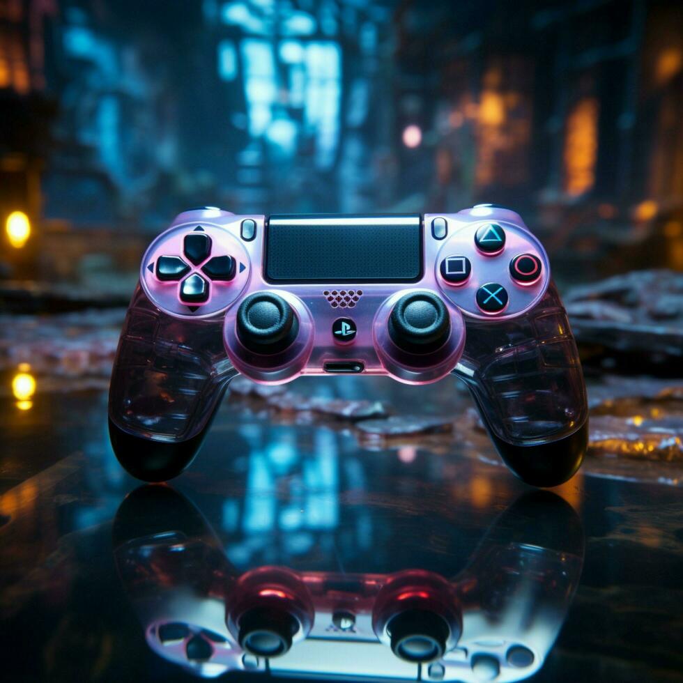 Immersed in blue themed video game, close up of joystick enhances late night gaming ambiance For Social Media Post Size AI Generated photo