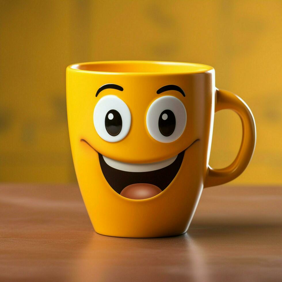 Adorable coffee cup persona on yellow backdrop, sporting a grin Copy friendly atmosphere For Social Media Post Size AI Generated photo