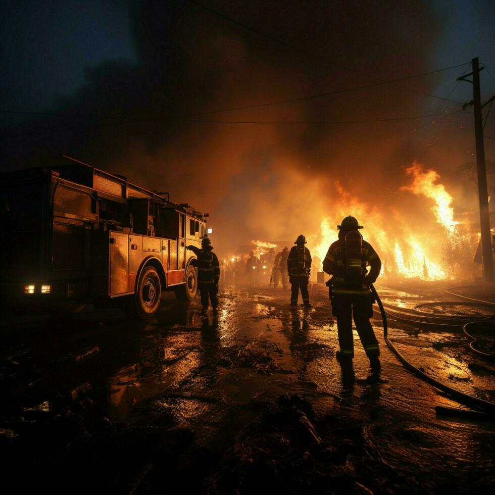 industrial escena bomberos emplear giro niebla a domar petróleo fuego, frenar potencial infierno para social medios de comunicación enviar Talla ai generado foto