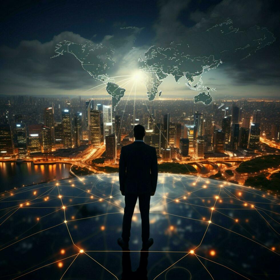 International business concept with businessman on city skyline background with network on map and sunlight For Social Media Post Size AI Generated photo