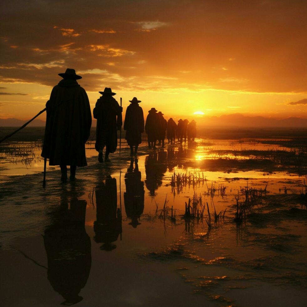 inválidos con bastones hacer su camino hacia el atardecer, ejemplificando su fortaleza para social medios de comunicación enviar Talla ai generado foto