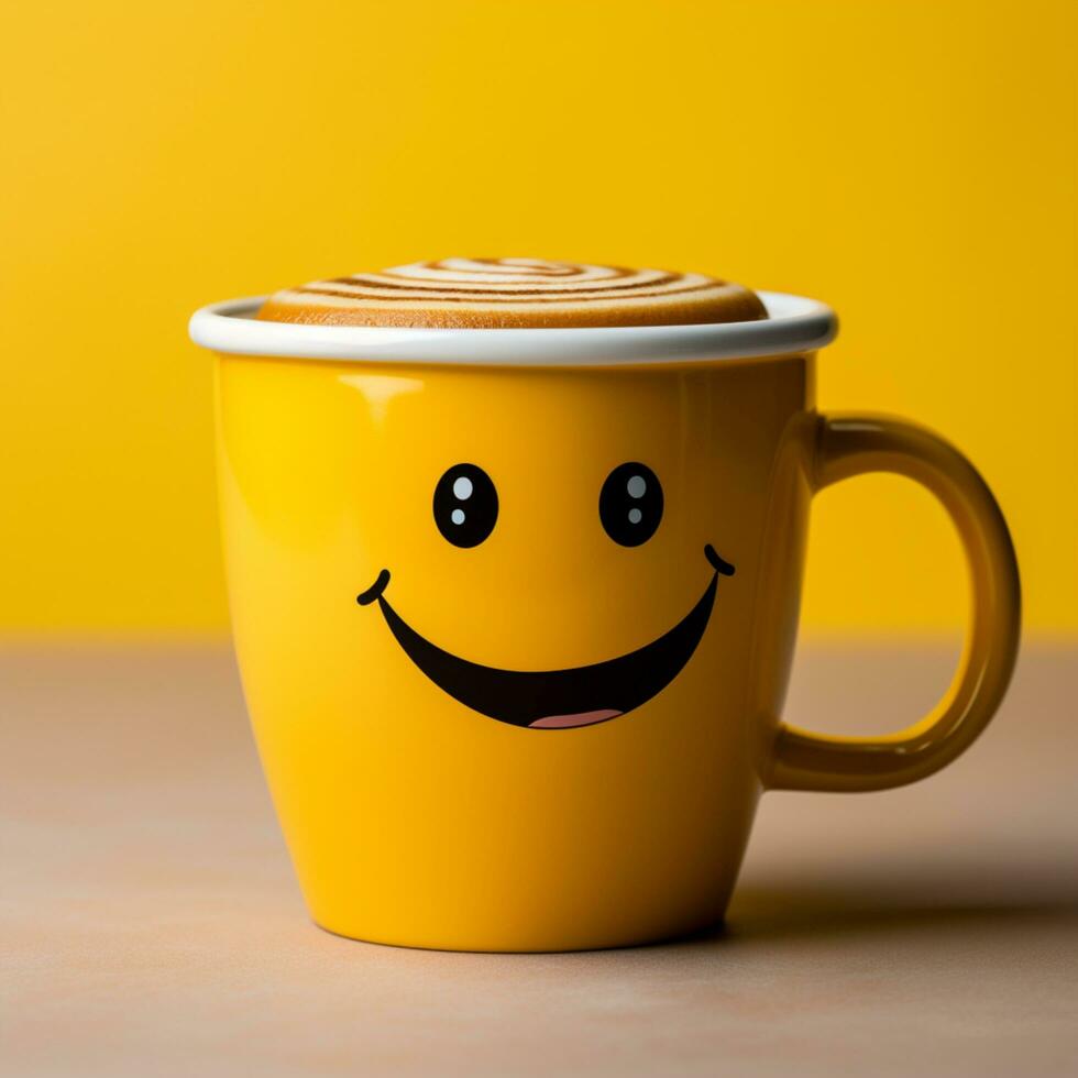 Adorable coffee cup persona on yellow backdrop, sporting a grin Copy friendly atmosphere For Social Media Post Size AI Generated photo