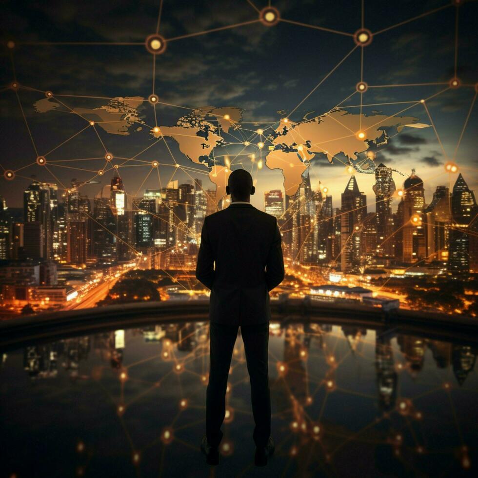 International business concept with businessman on city skyline background with network on map and sunlight For Social Media Post Size AI Generated photo