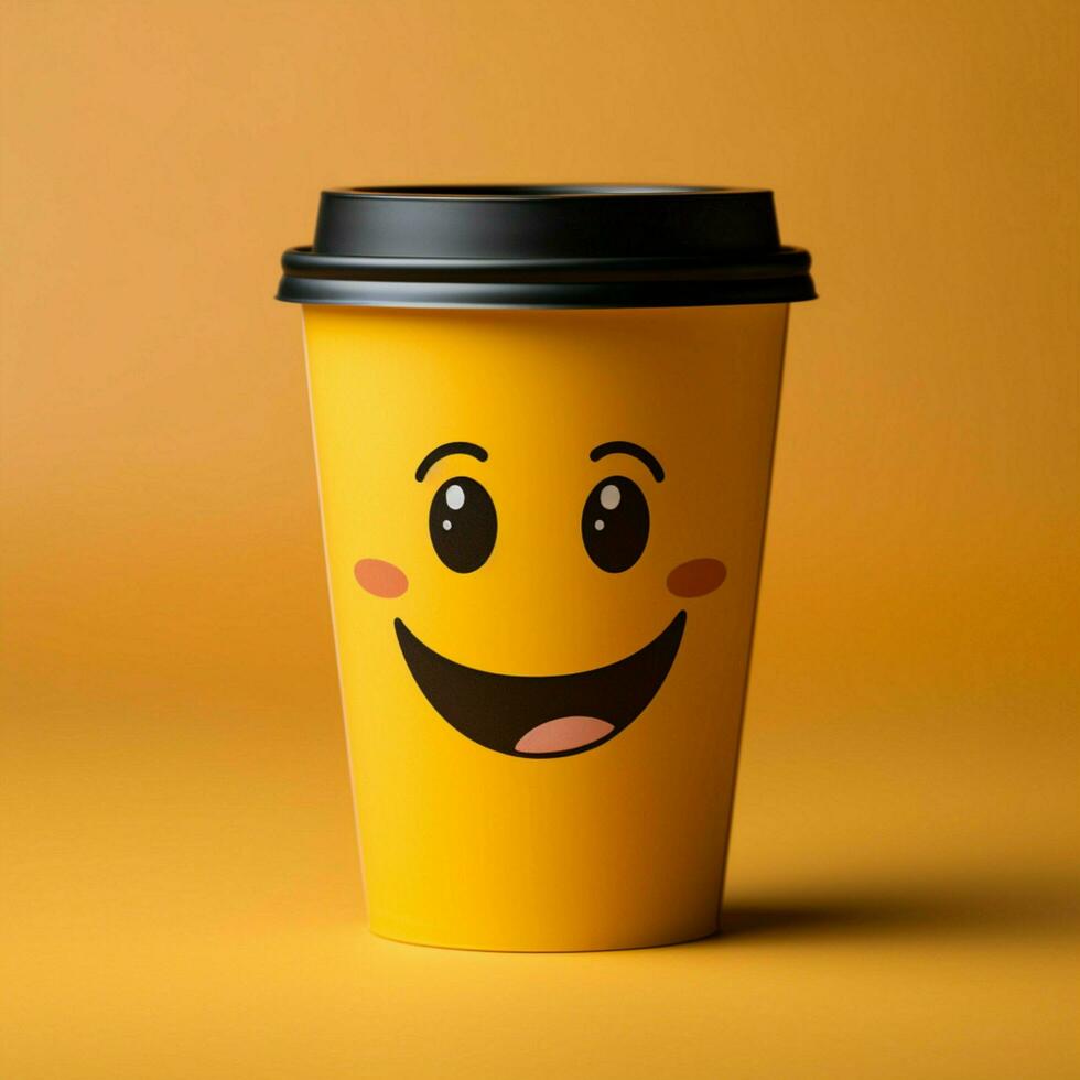 Adorable coffee cup persona on yellow backdrop, sporting a grin Copy friendly atmosphere For Social Media Post Size AI Generated photo