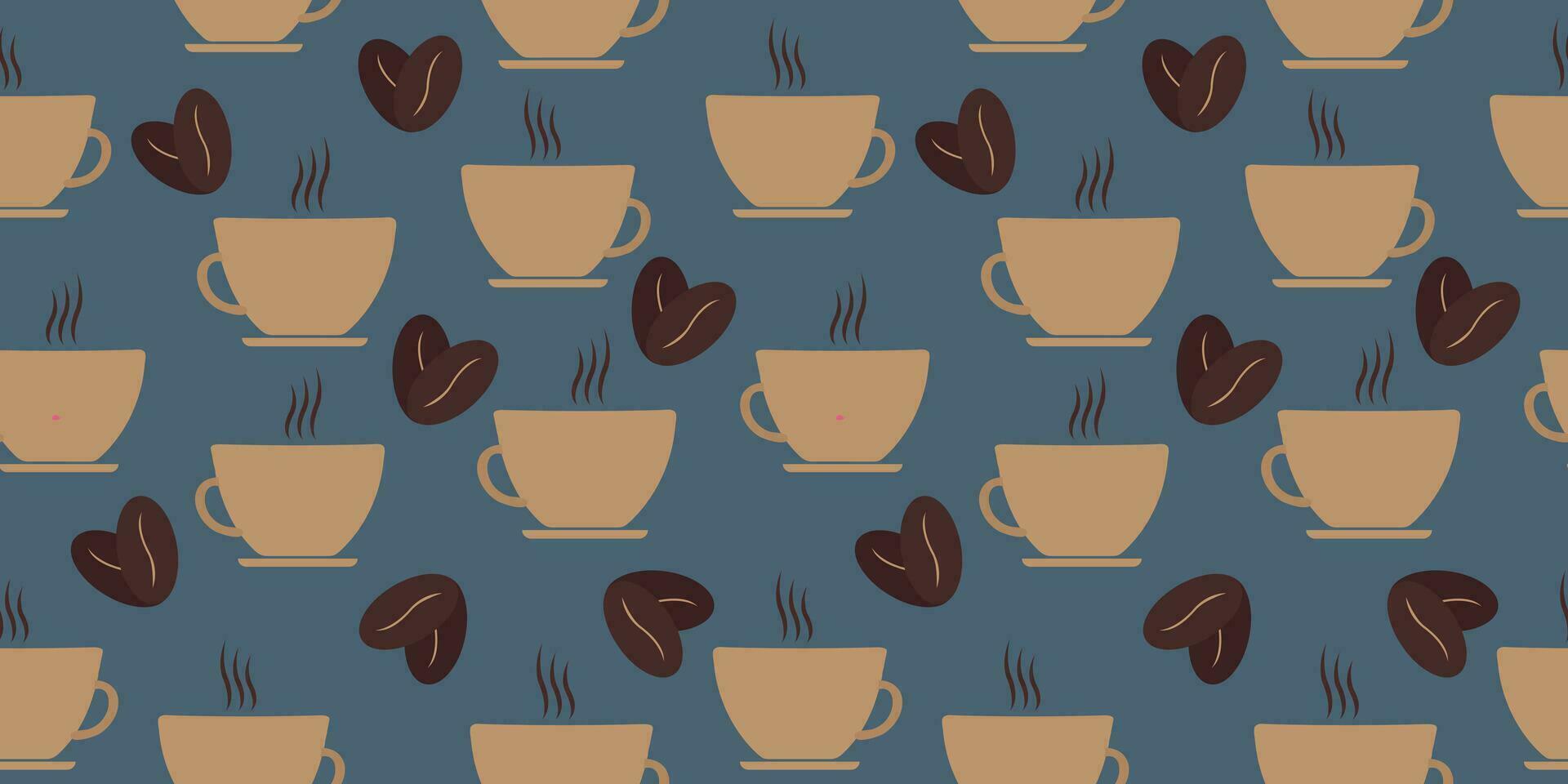 Cute seamless vector pattern with espresso cup and coffee beans. Lovely repeatable smiling coffee cup print, perfect for wrapping paper, fabric, textiles. Vector. Vector illustration