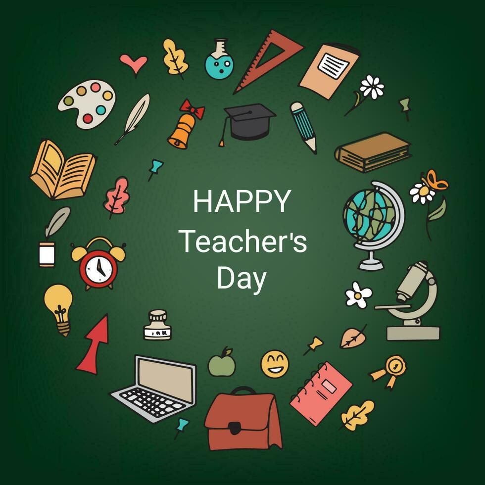 Happy Teacher's Day vector card with inscriptions. Design for greeting card, layout, logo, stamp or banner for Teacher's Day. Hand drawn school supplies and leaves. Vector illustration