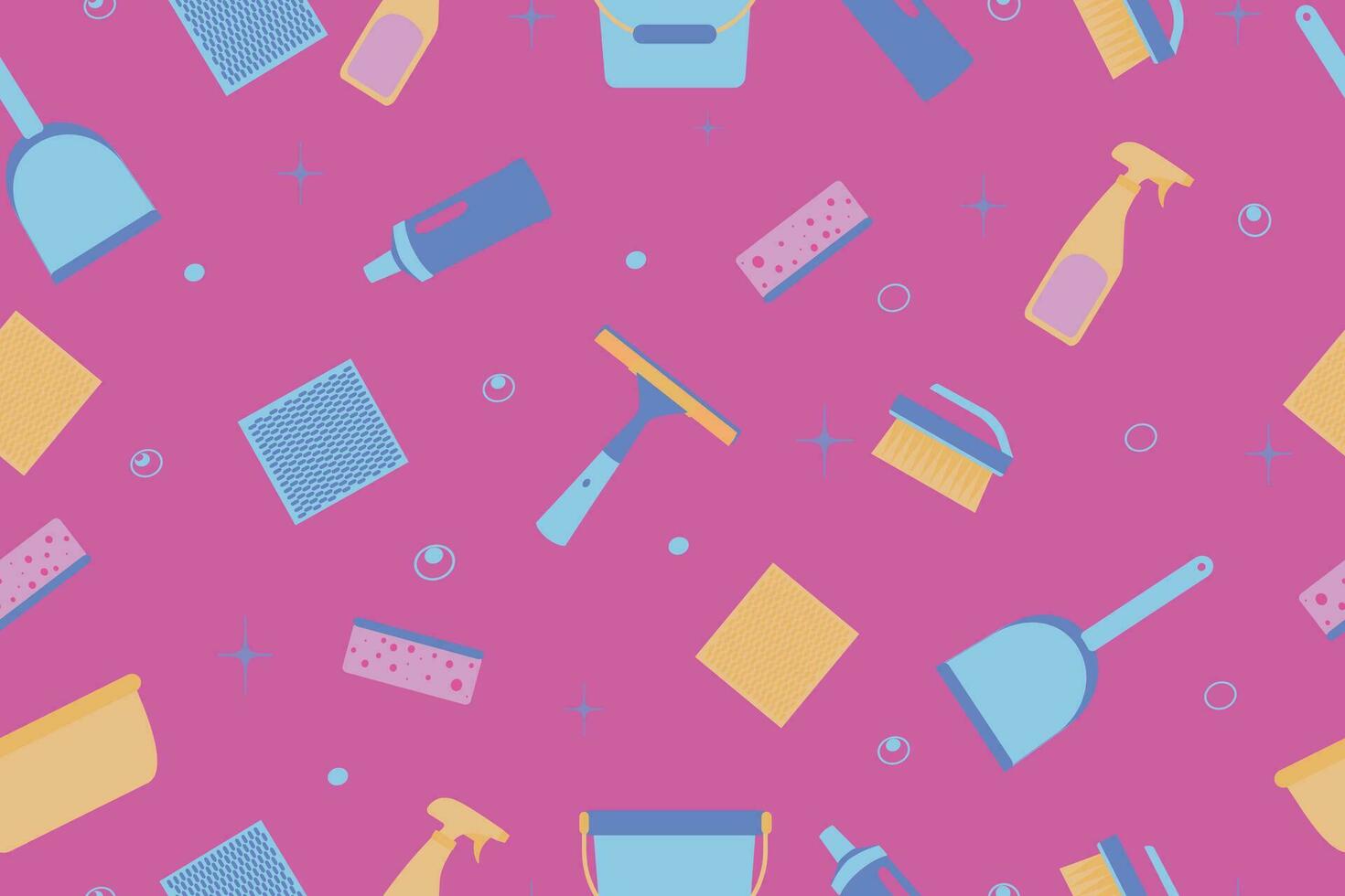 Seamless pattern on a pink background from cleaning tools. Household items for cleaning and washing. Rags, mop, soap, brush, bucket, window cleaner. Vector