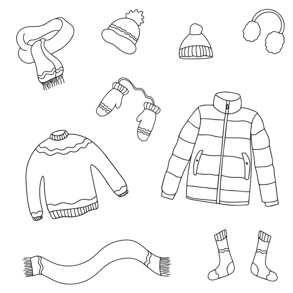 Set of winter clothing icons. Vector doodle illustration. Doodle autumn winter clothes vector collection. Vector illustration