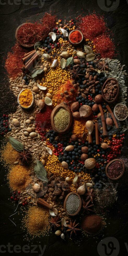 Indian spices close up. Pepper, turmeric thyme paprika cumin. Generative AI photo