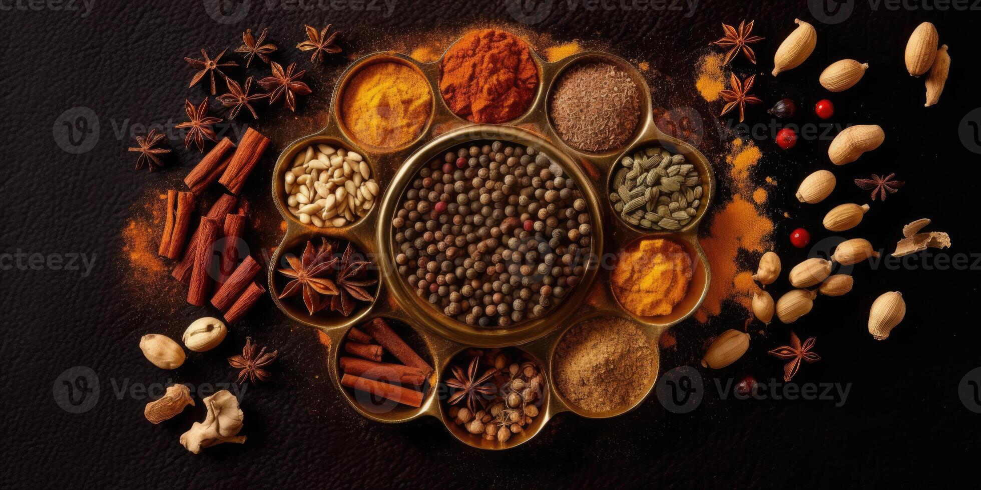 Indian spices close up. Pepper, turmeric thyme paprika cumin. Generative AI photo