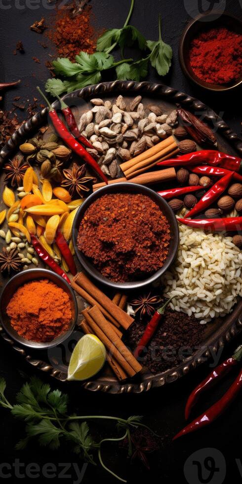 Indian spices close up. Pepper, turmeric thyme paprika cumin. photo