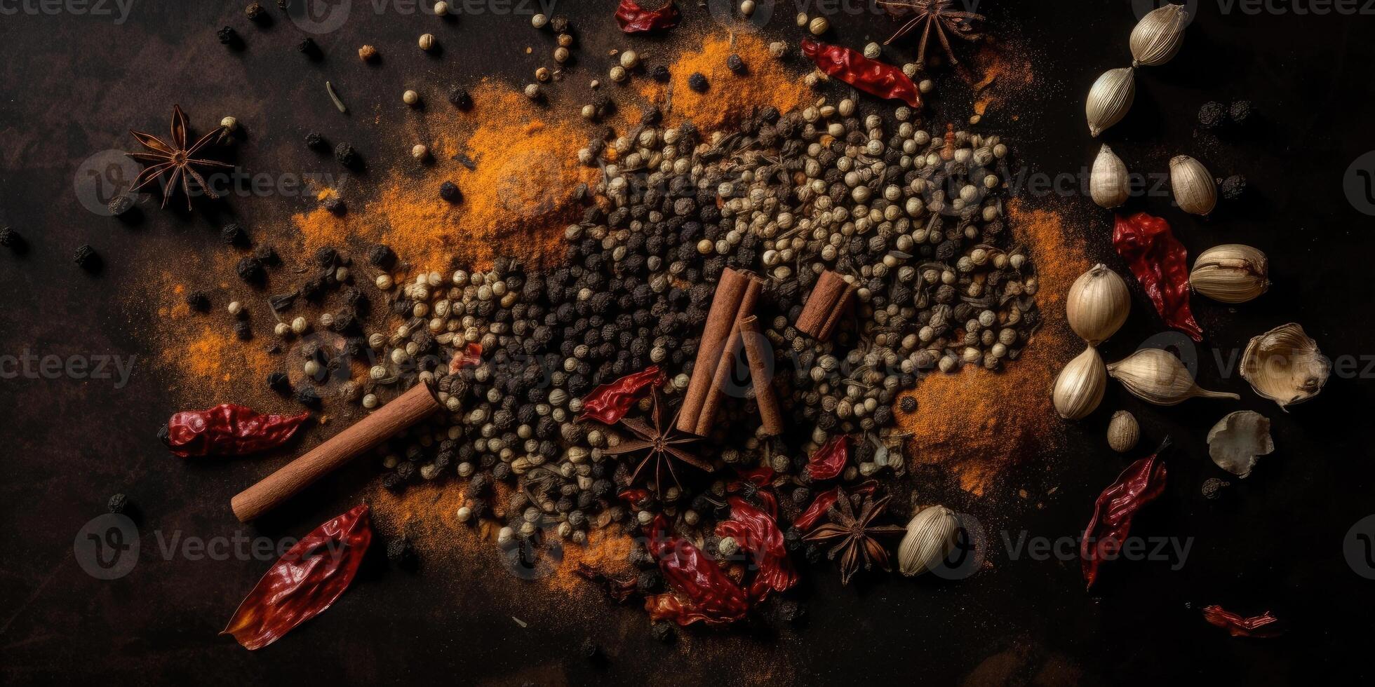 Indian spices close up. Pepper, turmeric thyme paprika cumin. Generative AI photo