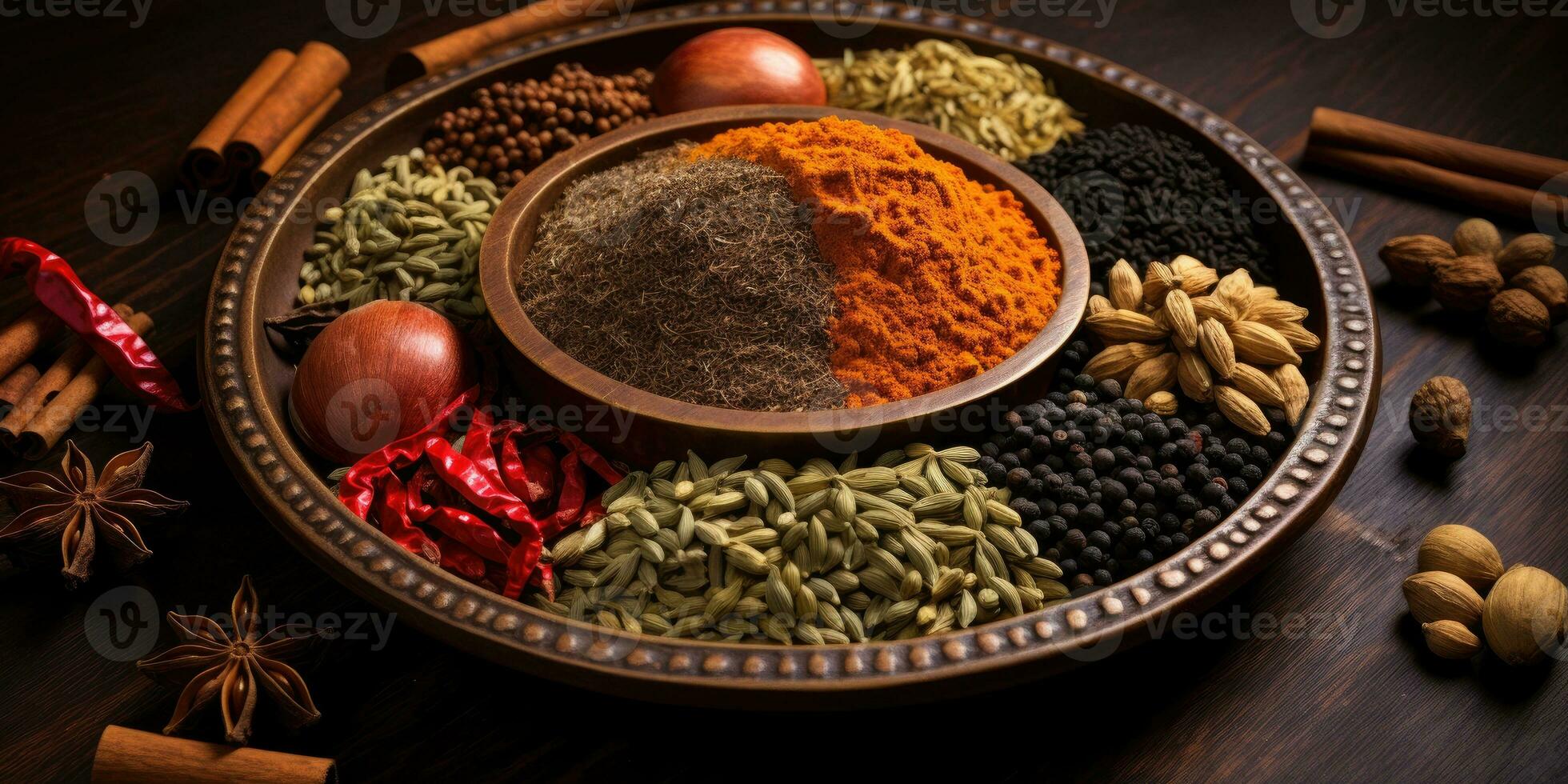 Indian spices close up. Pepper, turmeric thyme paprika cumin. Generative AI photo