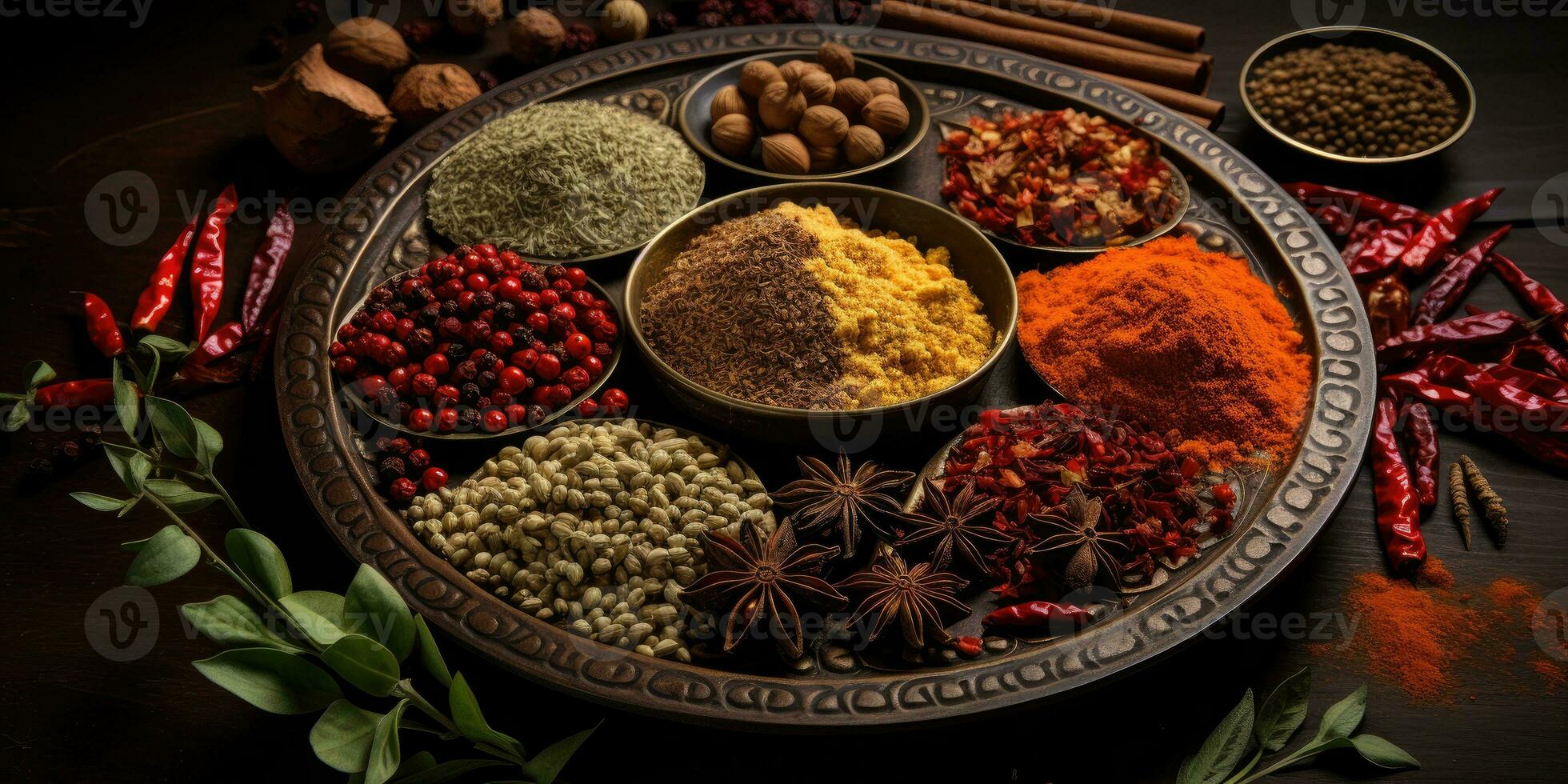 Indian spices close up. Pepper, turmeric thyme paprika cumin. Generative AI photo