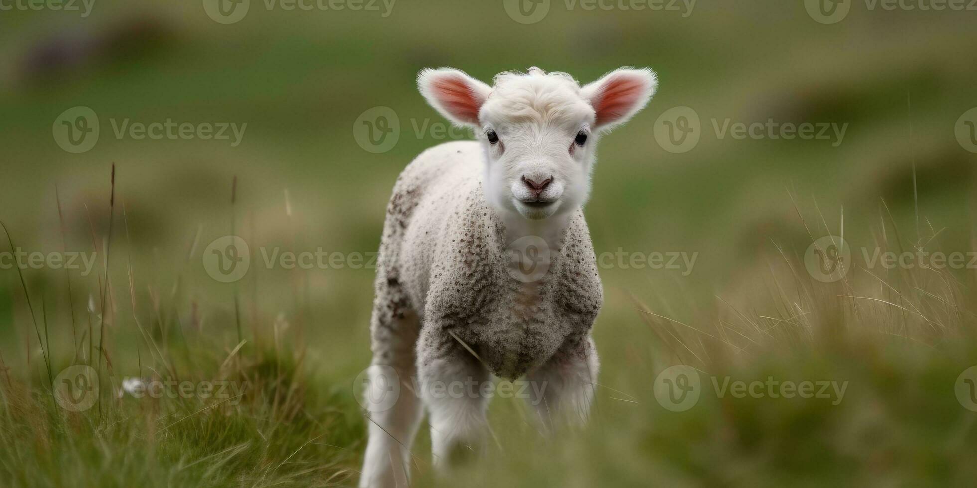Cute happy lamb on the field, sheep. Generative AI photo