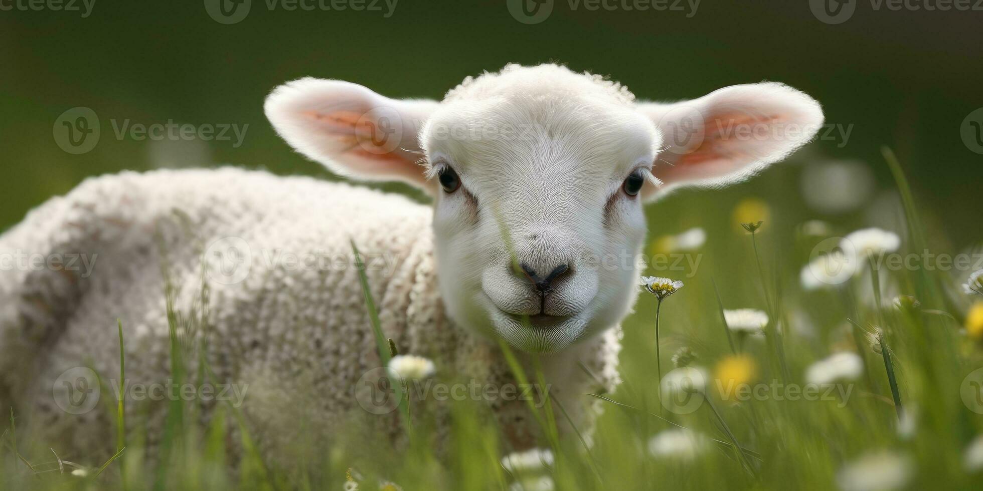 linda contento Cordero en el campo, oveja. generativo ai foto