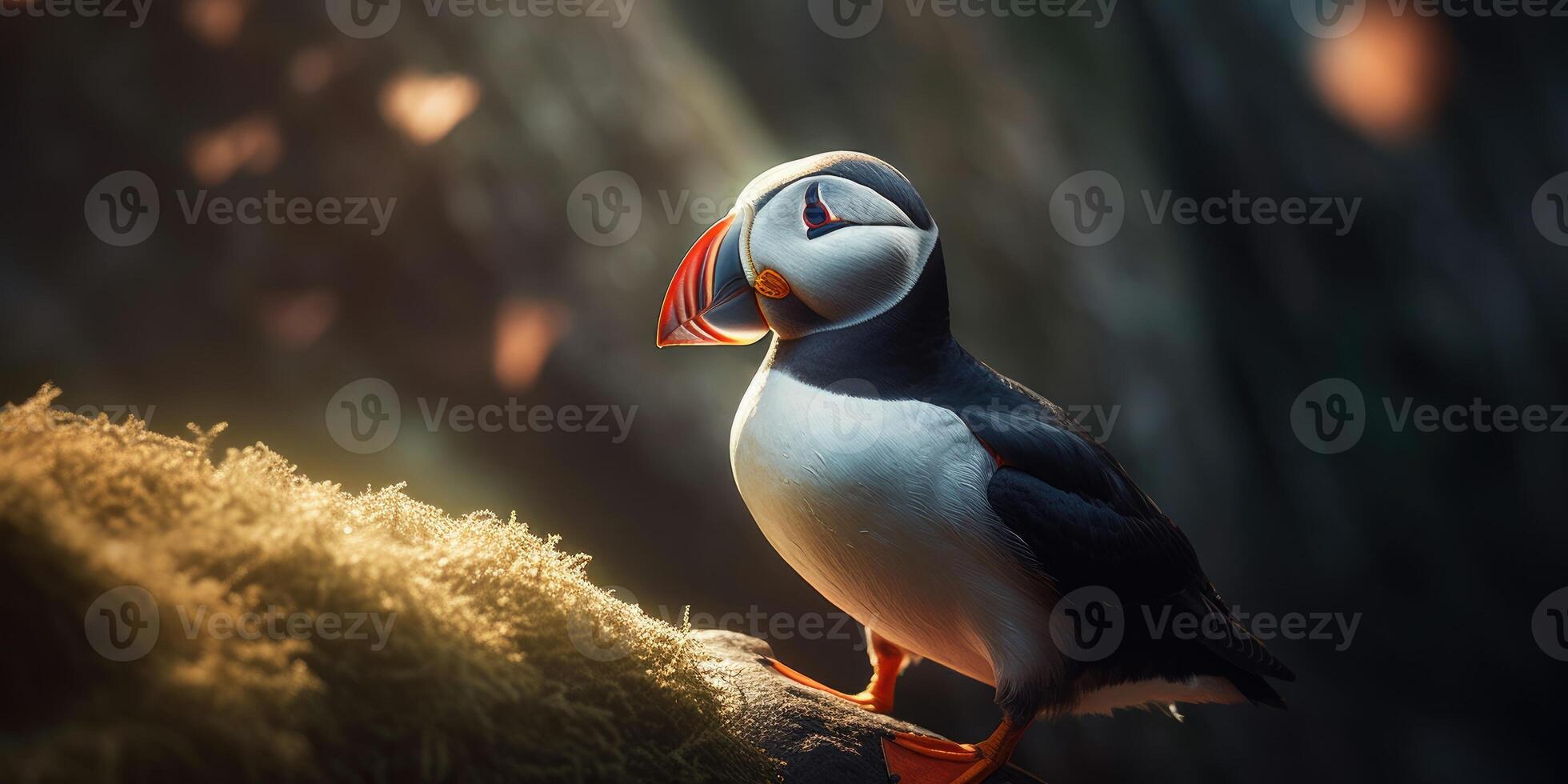 Photo of puffin, sea bird. Wild atlantic puffin seabird in the auk family.