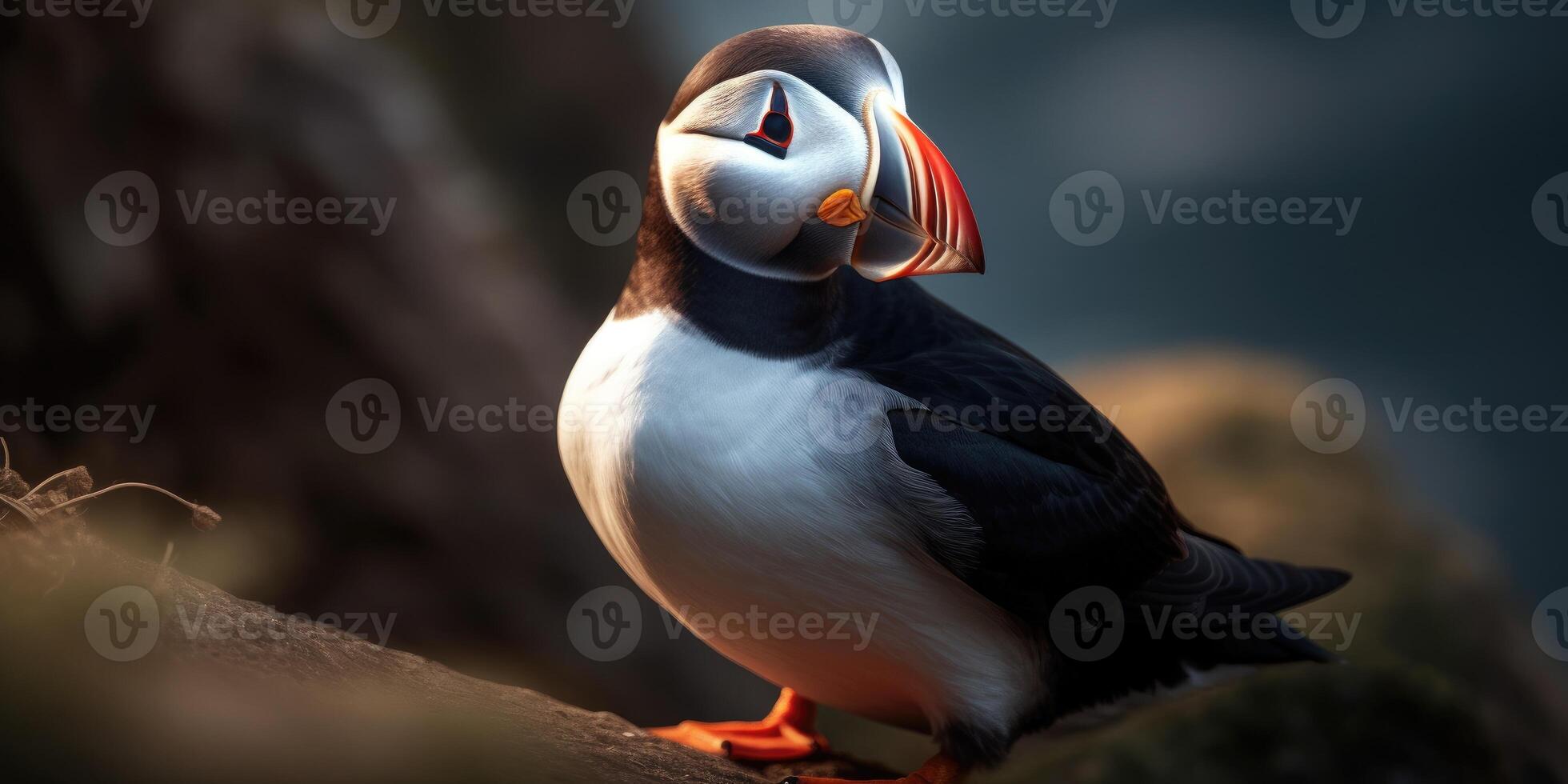 Photo of puffin, sea bird. Wild atlantic puffin seabird in the auk family.