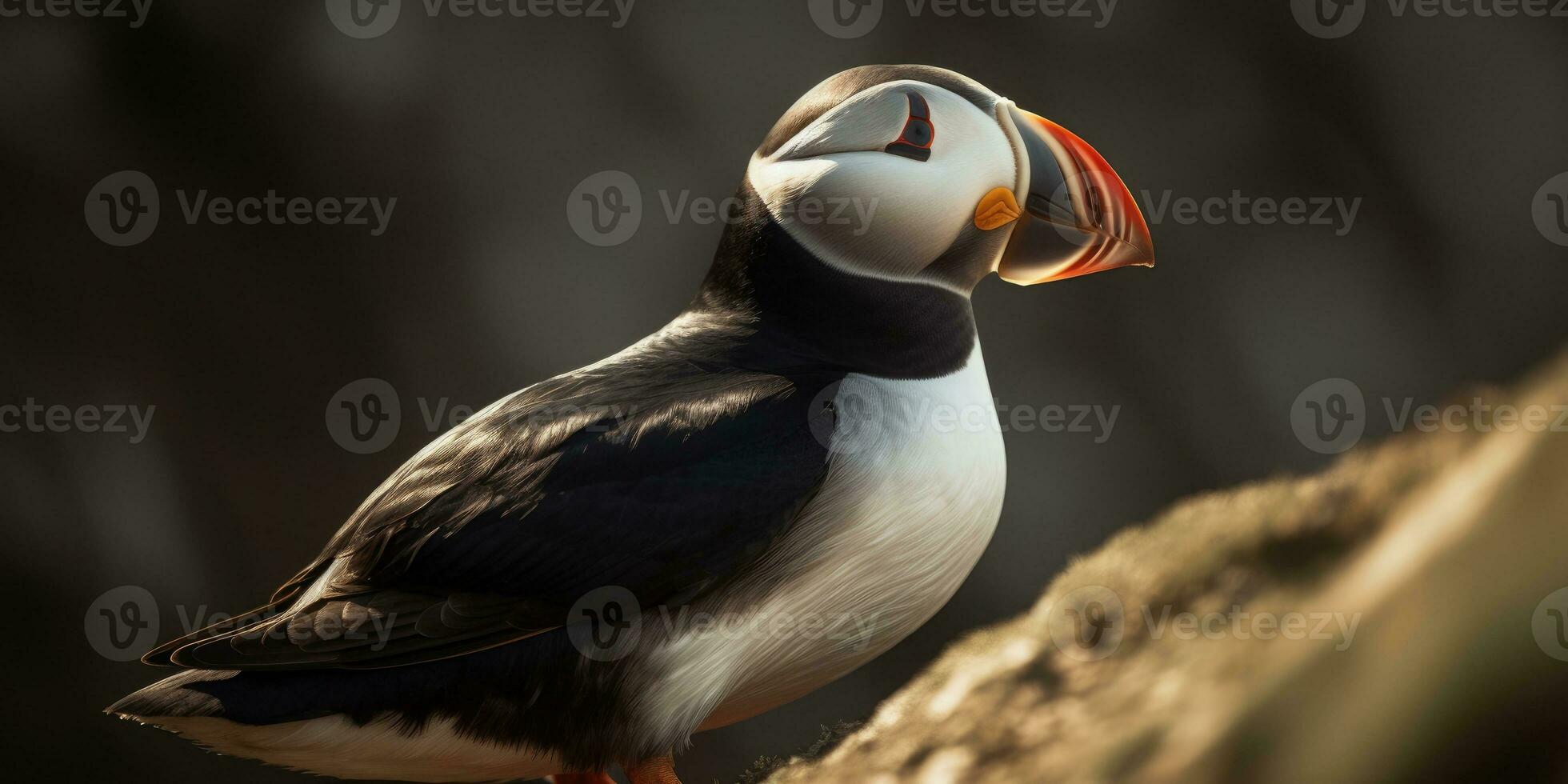 Photo of puffin, sea bird. Wild atlantic puffin seabird in the auk family.