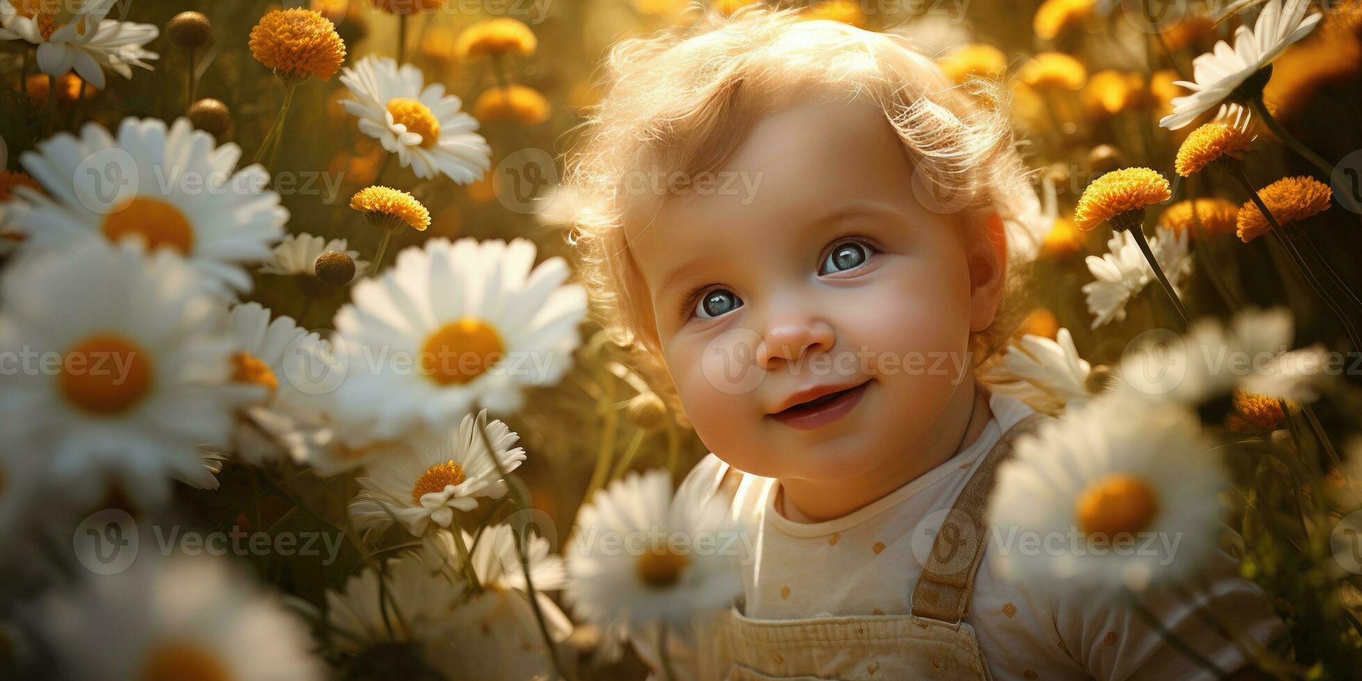 Little German baby in a chamomile field. Generative AI photo