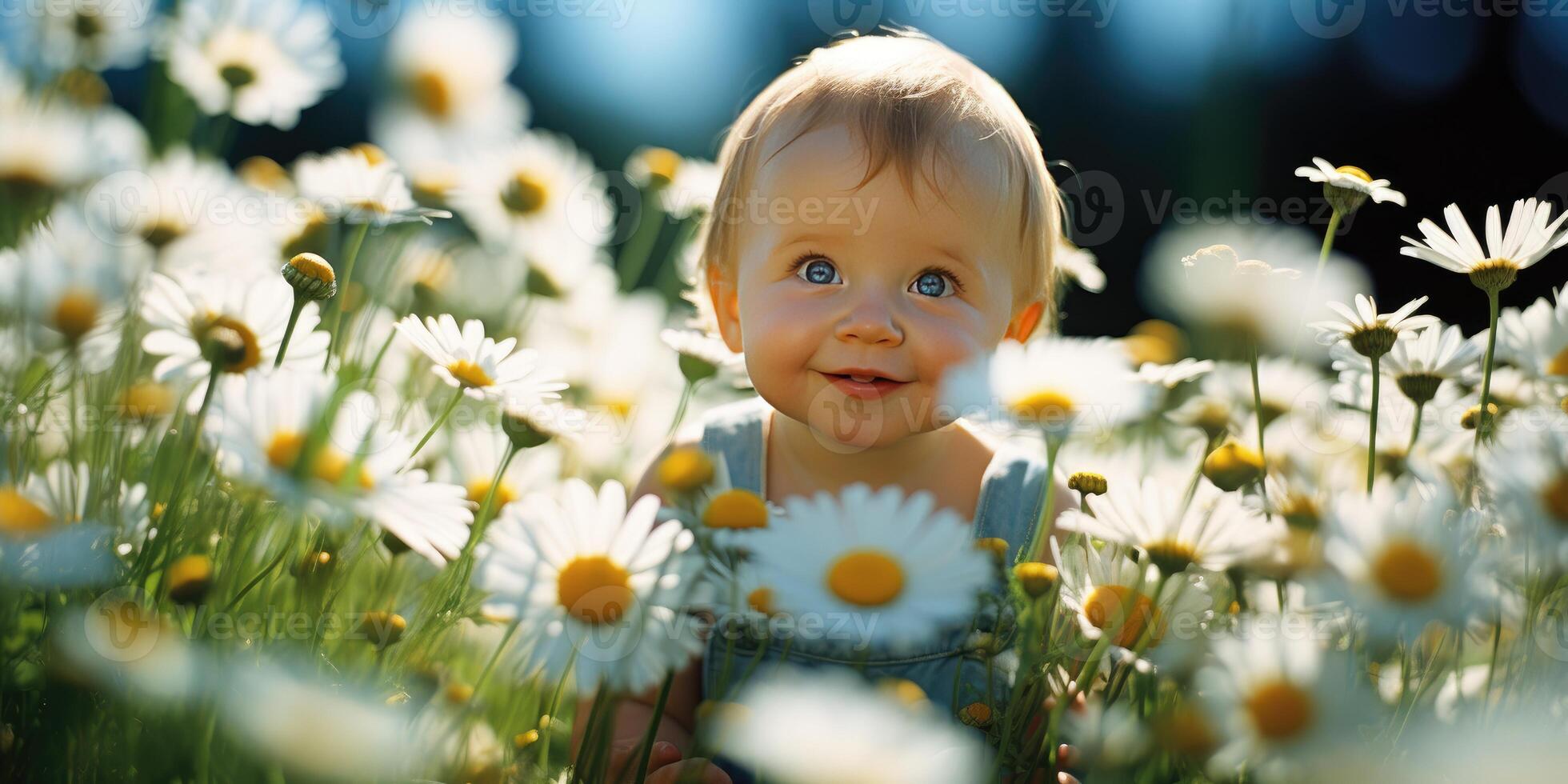 Little German baby in a chamomile field. Generative AI photo