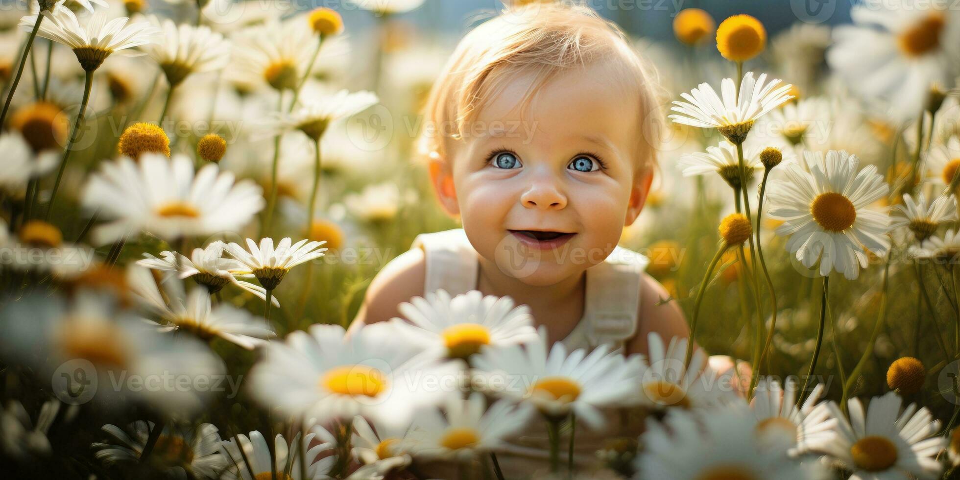 Little German baby in a chamomile field. Generative AI photo