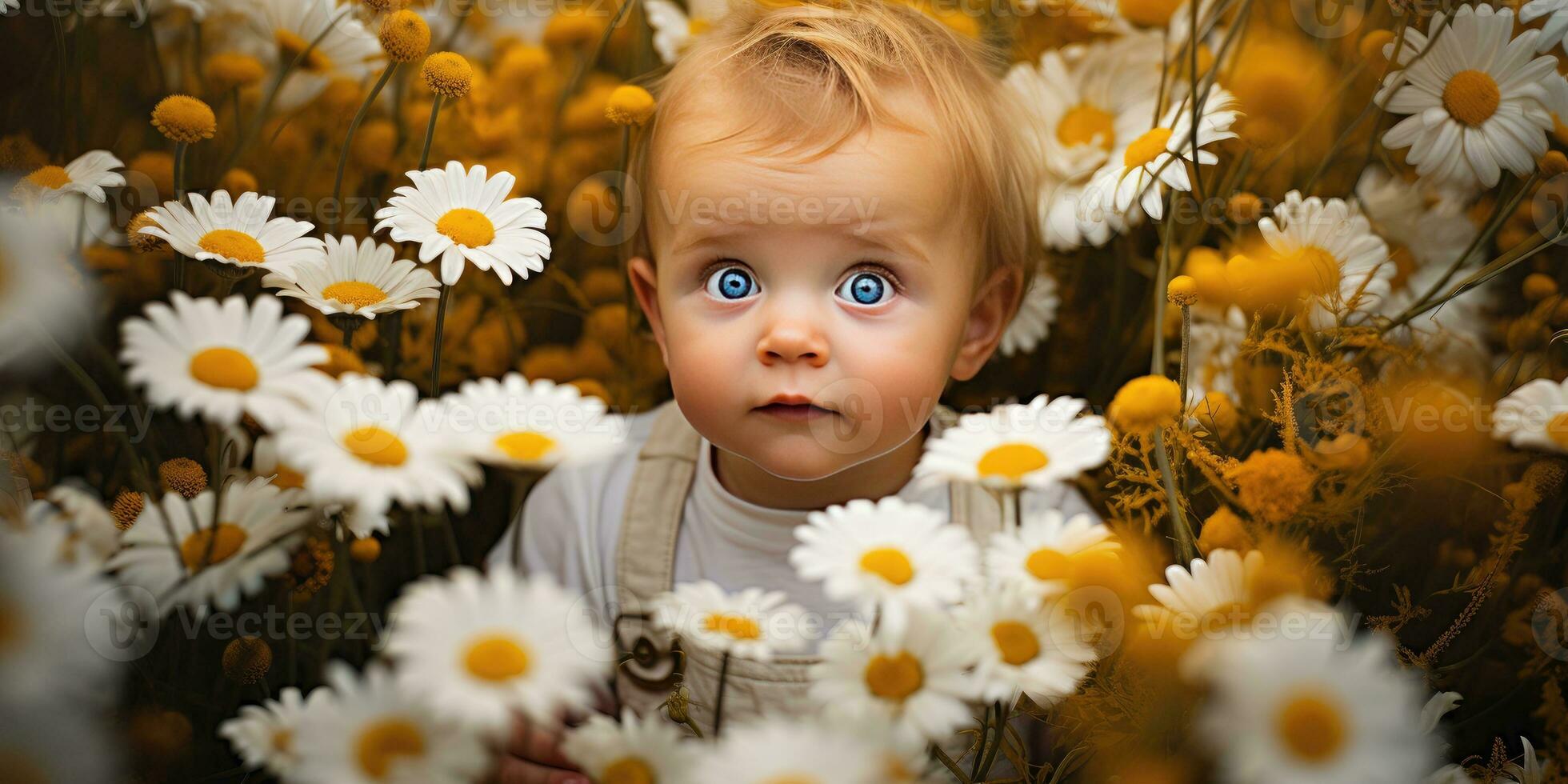 pequeño alemán bebé en un manzanilla campo. generativo ai foto