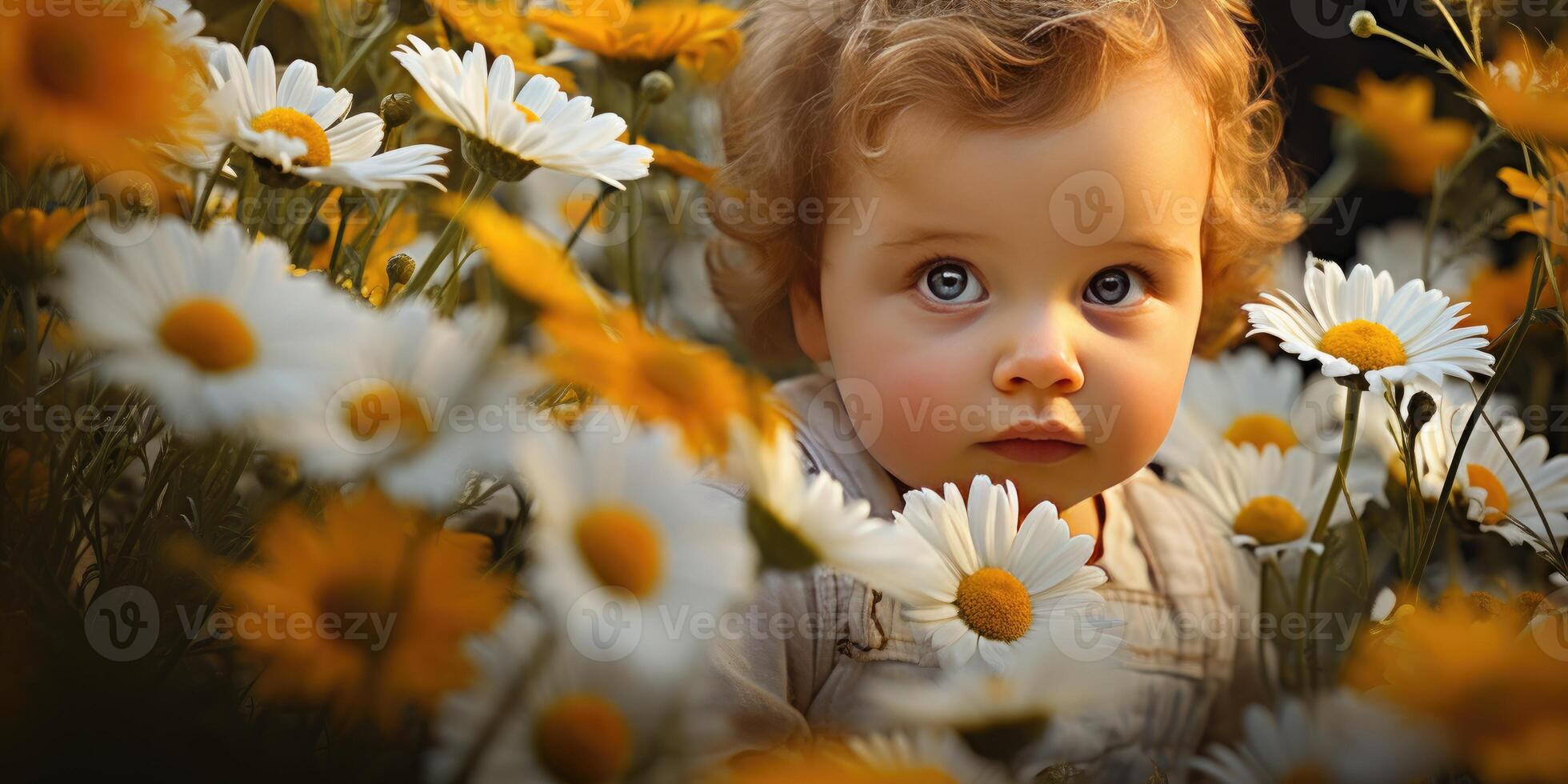 Little German baby in a chamomile field. Generative AI photo