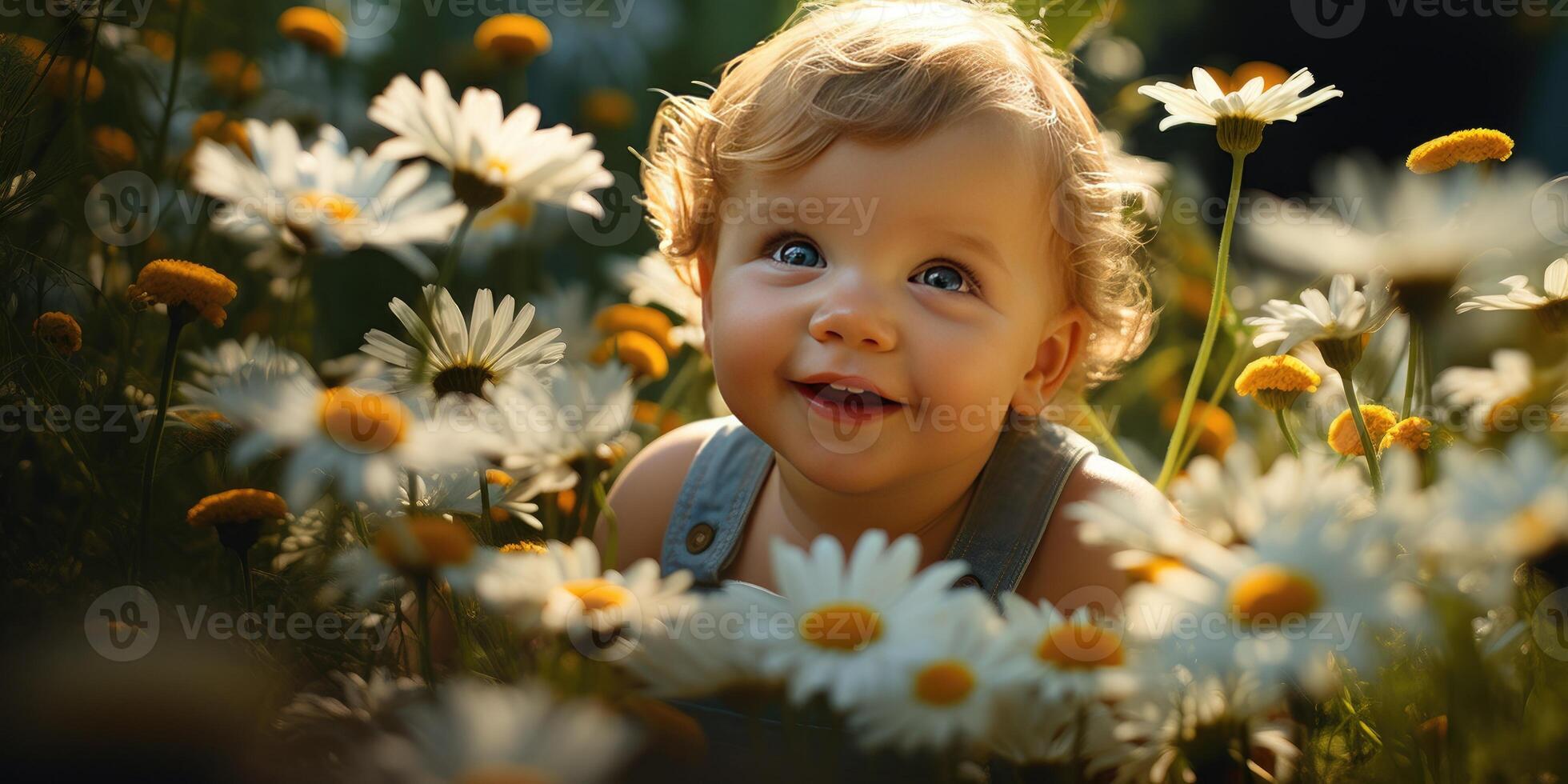 Little German baby in a chamomile field. Generative AI photo