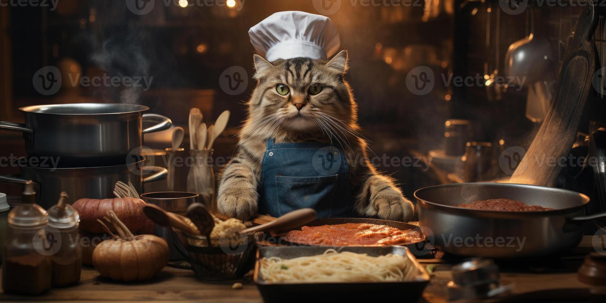 Funny cat prepares food in the kitchen. photo