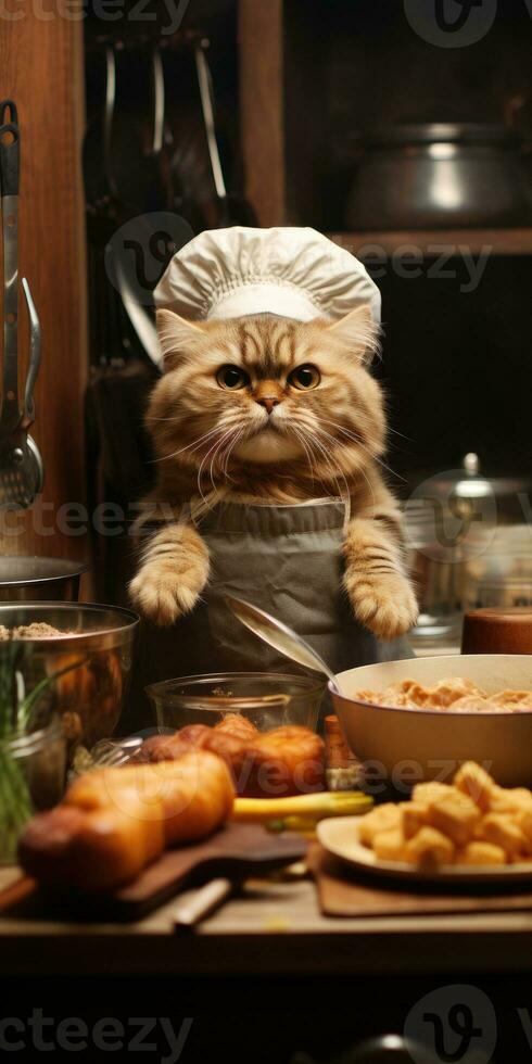 Funny cat prepares food in the kitchen. Generative AI photo