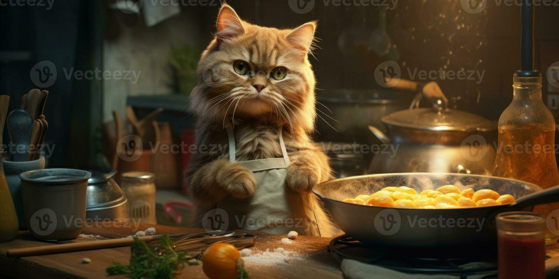 Funny cat prepares food in the kitchen. Generative AI photo