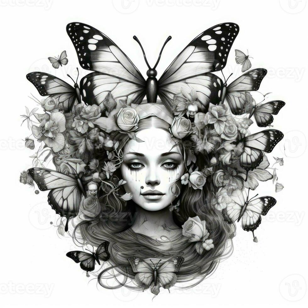 Black and white illustration of a girl with butterflies. Tattoo. Generative AI photo