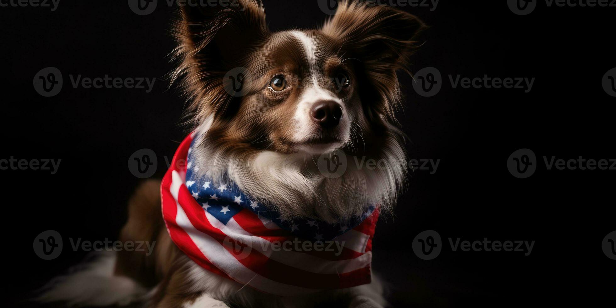 Cute dog dressed in US national colors. July 4th is Independence Day of the United States of America. Generative AI photo