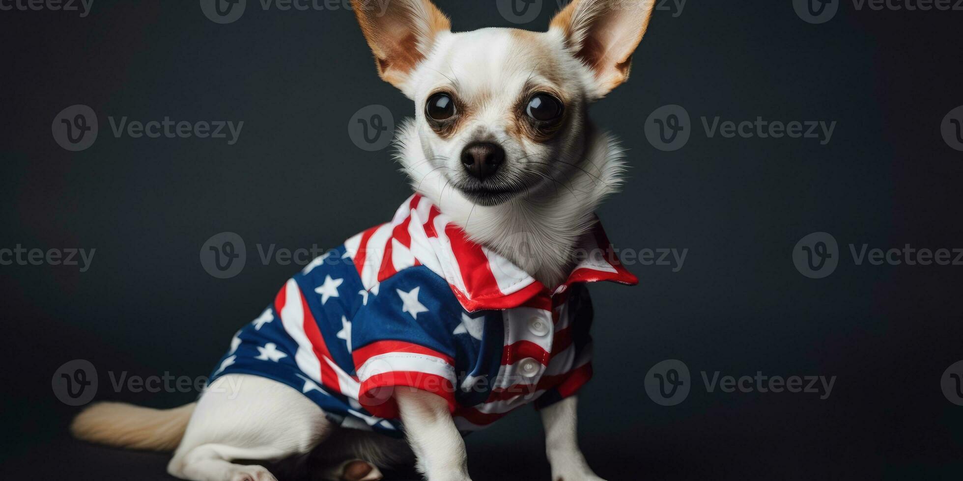 Cute dog dressed in US national colors. July 4th is Independence Day of the United States of America. Generative AI photo