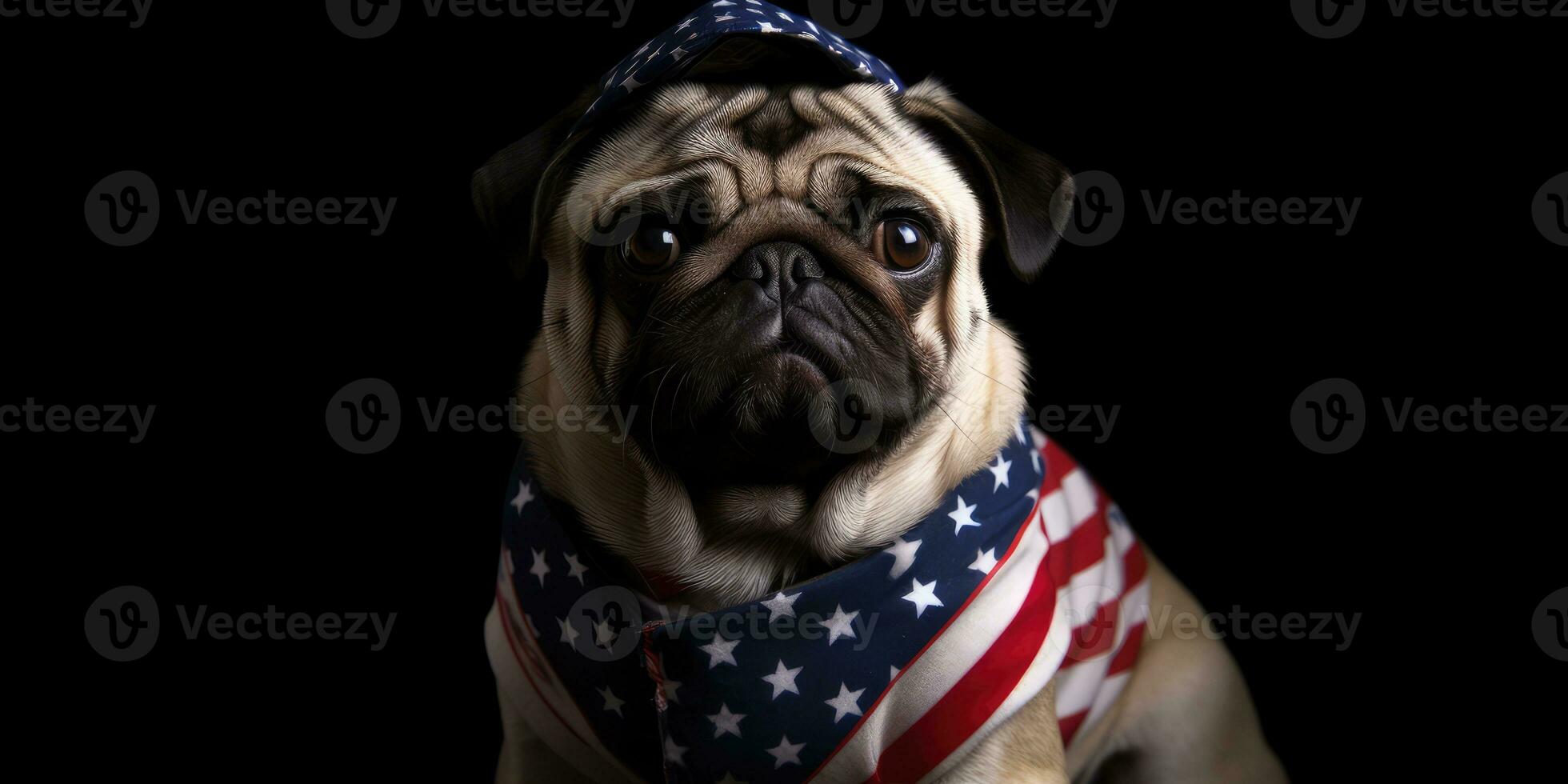 Cute dog dressed in US national colors. July 4th is Independence Day of the United States of America. Generative AI photo