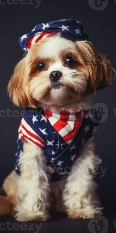 Cute dog dressed in US national colors. July 4th is Independence Day of the United States of America. Generative AI photo